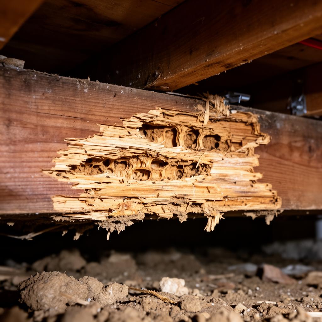 Severe termite damage to a wooden floor joist in a crawl space showing hollowed-out galleries and crumbling wood